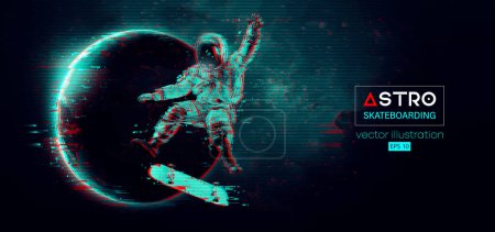 Ilustración de Silueta abstracta de un astronauta de skate en acción espacial y Tierra, Marte, planetas en el fondo del espacio.. El patinador está haciendo un truco. Ilustración Vector 3D render - Imagen libre de derechos