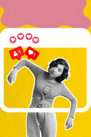 Creative photo, collage, young girl on a colorful background makes expressions, she is with open arms, banner for social networks.