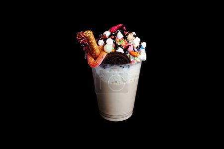 Photo for Organic cocoa drink or chocolate milkshake with topping of marshmallow and caramel syrup served in drinking glass with straw  and candies on black background. - Royalty Free Image