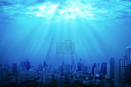 Téléchargez les photos : Ville sous-marine, effet de réchauffement climatique. techniques mixtes - en image libre de droit