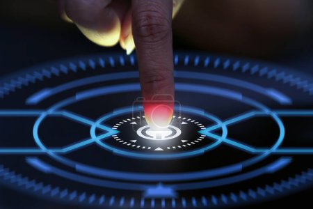 Foto de El dedo humano presiona el botón de pantalla táctil y activa la Inteligencia Artificial futurista. - Imagen libre de derechos