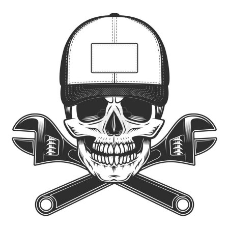 Photo for Skull with mustache in baseball cap and service repair wrenches in vintage monochrome style isolated  illustration - Royalty Free Image