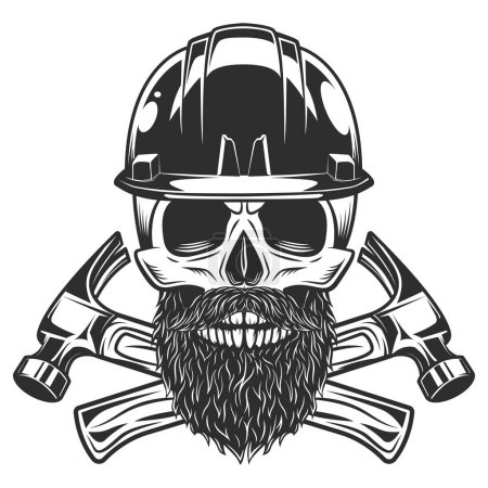 Photo for Skull with mustache and beard and helmet hard hat builder crossed hammers from new construction and remodeling house business in monochrome vintage style illustration - Royalty Free Image