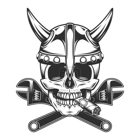 Téléchargez les photos : Skull  skull smoking cigar or cigarette smoke with viking helmet and crossed wrench business builder from new construction and remodeling house illustration - en image libre de droit