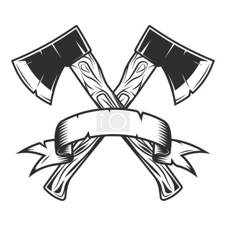 Illustration for Crossed metal ax with handle made of wood and ribbon. Wooden axe construction builder tool. Element for business woodworking or lumberjack emblem or icon. - Royalty Free Image