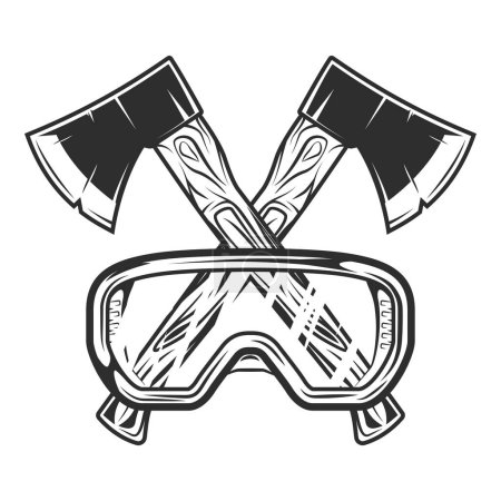 Illustration for Wooden axe construction builder tool. Crossed metal ax with handle made of wood and glasses. Element for business woodworking or lumberjack emblem or icon. - Royalty Free Image