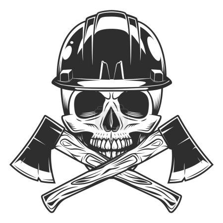Illustration for Wooden axe construction builder tool. Skull in hard hat and crossed metal ax with handle made of wood. Element for business woodworking or lumberjack emblem or icon. - Royalty Free Image