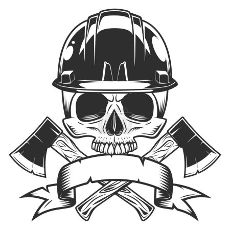 Illustration for Half skull in hard hat and crossed metal ax with handle made of wood. Wooden axe construction builder tool. Element for business woodworking or lumberjack emblem or icon with ribbon. - Royalty Free Image