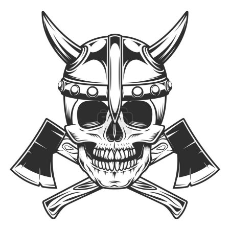 Illustration for Viking skull in horned helmet and crossed metal ax with handle made of wood. Wooden axe construction builder tool. Element for business woodworking or lumberjack emblem or icon. - Royalty Free Image