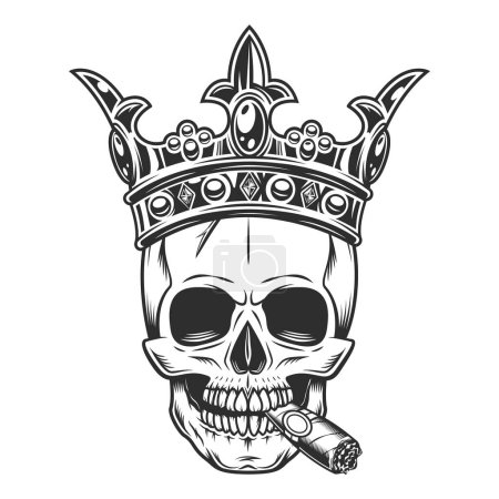 Totenkopf rauchende Zigarre oder Zigarettenrauch in Krone König monochrome Illustration isoliert auf weißem Hintergrund. Vintage-Krönung, elegante Königs- oder Königskronen, königliche Kaiserkrönungssymbole.