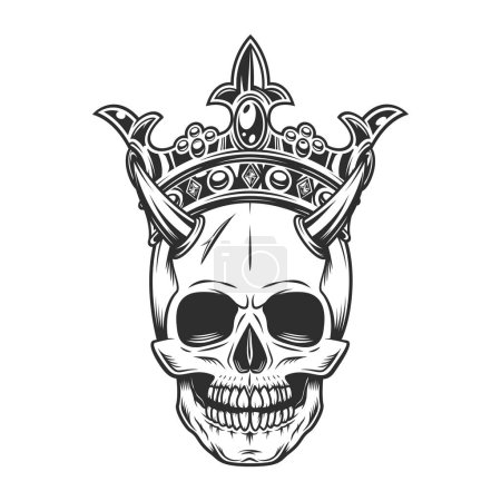 Téléchargez les illustrations : Skull with horns in king royal crown in vintage monochrome style vector illustration - en licence libre de droit