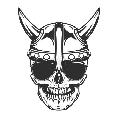 Viking skull in horned helmet and sunglasses accessory to protect eyes from bright sun vintage isolated vector illustration