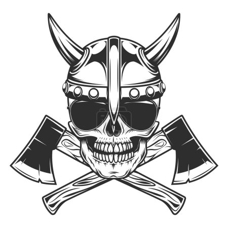 Illustration for Viking skull in horned helmet and sunglasses with crossed axes in vintage monochrome style isolated vector illustration - Royalty Free Image