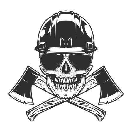 Illustration for Skull in hard hat with sunglasses and crossed metal ax with handle made of wood. Wooden axe construction builder tool.  Element for business woodworking or lumberjack emblem or icon. - Royalty Free Image