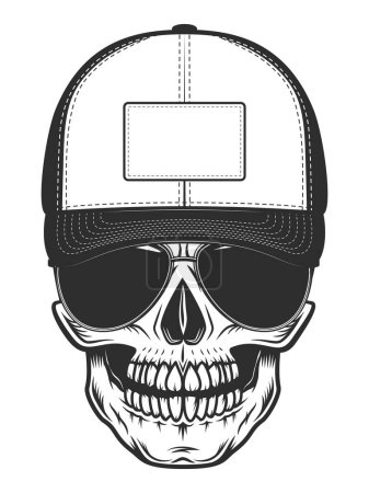 Téléchargez les illustrations : Crâne en casquette de baseball avec lunettes de soleil en illustration vectorielle isolée de style monochrome vintage - en licence libre de droit