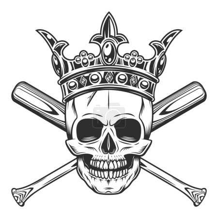 Illustration for Skull in crown with baseball bat club emblem design elements template in vintage monochrome style isolated vector illustration - Royalty Free Image