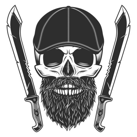 Skull with beard and mustache in gangster gatsby tweed hat flat cap with machete sword vintage vector illustration
