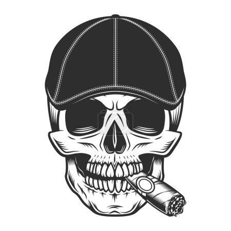 Crâne fumant cigare ou cigarette dans gangster gatsby tweed chapeau chapeau plat vintage vecteur illustration