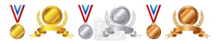 Ilustración de Una fila de medallas con cintas rojas, blancas y azules, galardonadas con premios de metal, premios, plata - Imagen libre de derechos