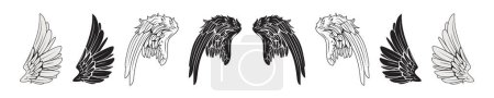 Téléchargez les illustrations : Un groupe de plumes noires et blanches sur fond blanc, ailes de démon, 2 ailes, ailes de diable, ailes d'ange noir, ailes de dragon, ailes de dragon symétriques, ailes à plumes foncées - en licence libre de droit
