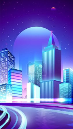 Ilustración de Banner vertical vectorial de rascacielos de neón brillante. - Imagen libre de derechos