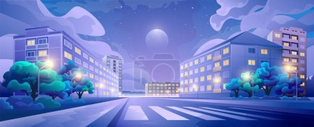 Téléchargez les illustrations : Illustration vectorielle de la rue de la ville du soir avec des bâtiments de style constructiviste soviétique. - en licence libre de droit