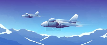 Beautiful modern fighter planes are flying in the clear sky on mountain range background.