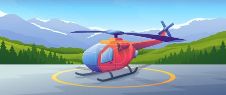 Ilustración de Realistic colorful helicopter stands on landing strip. Aircraft transport cartoon illustration on mountains background. - Imagen libre de derechos