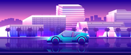 Illustration for Neon supercar drives down the street through the city. Shining modern city nightlife horizontal illustration. - Royalty Free Image