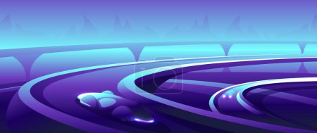 Illustration for Futuristic road landscape. Unusual car rides on the big autobahn in the evening on city background. - Royalty Free Image