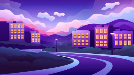 Trip through a small town on mountains background. The road through residential houses in the light of sunset. Horizontal evening landscape traveling illustration by car.
