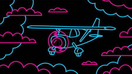 Téléchargez les illustrations : Dessin animé avion contour vole près des nuages. Illustration de véhicule rétro néon dans le style de jeu des années 80. - en licence libre de droit