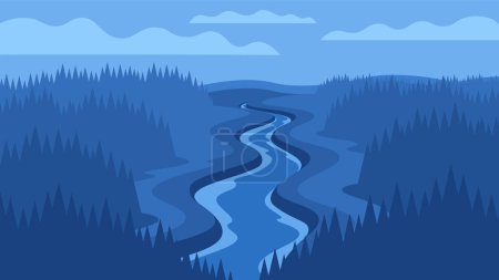 Flache Illustration der natürlichen Szenerie. Mystischer Wald und lang fließender Fluss horizontale nächtliche Landschaft.