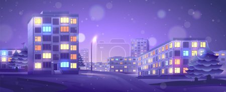 Téléchargez les illustrations : Rue du soir avec vue sur le quartier résidentiel. Paysage urbain hivernal sur les bâtiments de style constructiviste soviétique. - en licence libre de droit