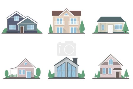 Ilustración de Conjunto de casas privadas planas aisladas vectoriales de una y dos plantas sobre un fondo blanco con árboles - Imagen libre de derechos