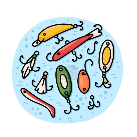 Illustration for Equipment for fishing tackle, hook, wobbler in doodle style isolated on a white background. Fishing scene illustration. - Royalty Free Image