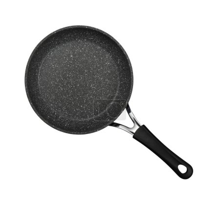 Close up one modern empty frying pan with nonstick surface coating and handle isolated on white background, elevated top view, directly above