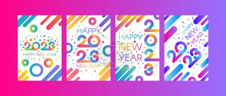 Illustration for 2023 happy new year invitation card banner vector. Design number two thousand twenty three with greeting phrase decorated confetti explosion. Poster on festive party flat cartoon illustration - Royalty Free Image