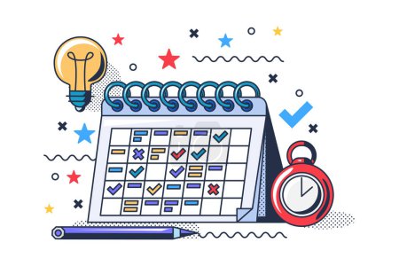 Business planner accessory for plan task vector. Calendar and pen for note idea and controlling goal achievement time and deadline. Project planning stationery tool flat cartoon illustration