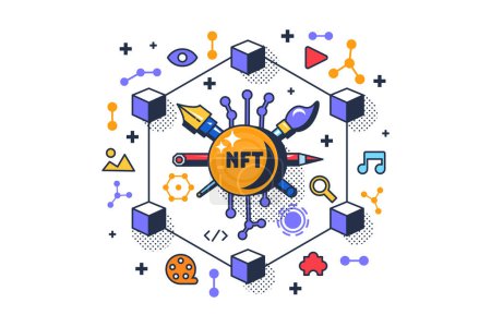 Illustration for Decentralize nft crypto for purchasing vector. Digital cryptocurrency decentralizing for purchase media file and online service. Economy transaction and technology flat cartoon illustration - Royalty Free Image
