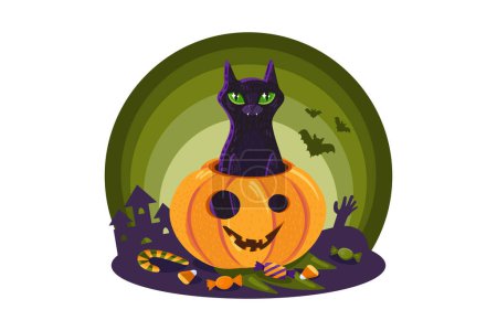 Illustration for Cat in pumpkin halloween funny decoration vector. Domestic animal black kitty sitting in vegetable, candy and zombie hand from grave, scary house and flying bat. Flat cartoon illustration - Royalty Free Image