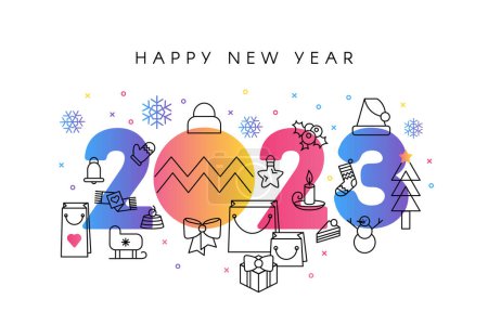 Illustration for 2023 happy new year invitation card banner vector. Design number two thousand twenty three with greeting phrase decorated icons explosion. Poster on festive party flat cartoon illustration - Royalty Free Image