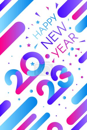 Illustration for 2023 happy new year invitation card banner vector. Design number two thousand twenty three with greeting phrase decorated confetti explosion. Poster on festive party flat cartoon illustration - Royalty Free Image