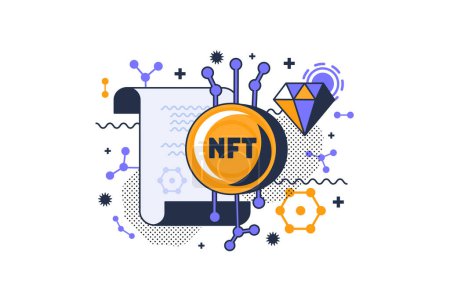 Nft certificate crypto sold and trading vector. Diamond jewellery gemstone and paper list with cryptocurrency information. Innovation electronic commerce and payment flat cartoon illustration