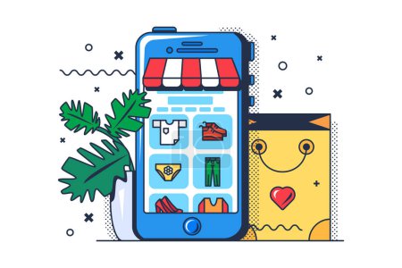 Illustration for Clothes online marketplace application vector. Smartphone app internet store for buying and purchasing clothing. Choosing assortment on mobile phone screen in shop flat cartoon illustration - Royalty Free Image