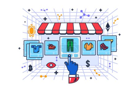 Illustration for Online metaverse shopping in internet store vector. Client choosing clothing in shop, clicking choose and buying. E-commerce and purchasing, paying with cryptocurrency flat cartoon illustration - Royalty Free Image