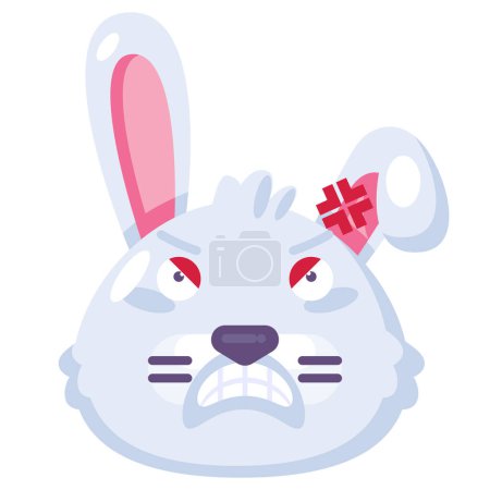 Illustration for Bunny angry reaction expression face emoji vector. Rabbit forest animal evil mad face bares teeth. Crazy smile with negative emotion. Mammal pet anger emoticon flat cartoon illustration - Royalty Free Image