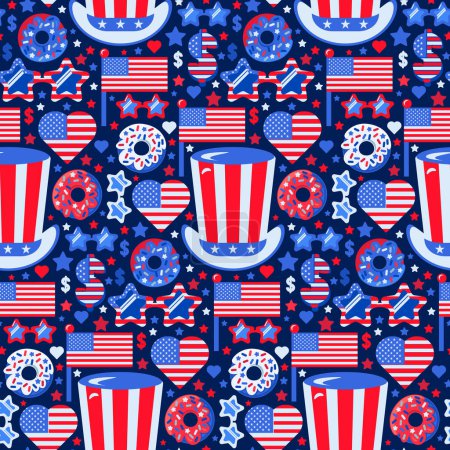 Illustration for Seamless pattern with traditional festive elements of American Independence Day, presidential election, political party. Vector design in colors of US flag. Star striped top hat, heart, dollar sign - Royalty Free Image