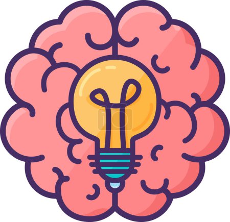 Illustration for Electric incandescent lamp inside Hemispheres of human brain with convolutions. Brainstorming, sudden idea and thought process. Flat symbol with stroke isolated on white vector - Royalty Free Image