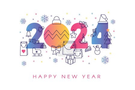 Ilustración de Cartel Horizontal Happy 2024 New Year A4 Holiday en color azul blanco con inscripción 2024 y Feliz Año Nuevo. Plantilla para imprimir, póster de anuncio para invitar a los invitados a la celebración. Vector - Imagen libre de derechos
